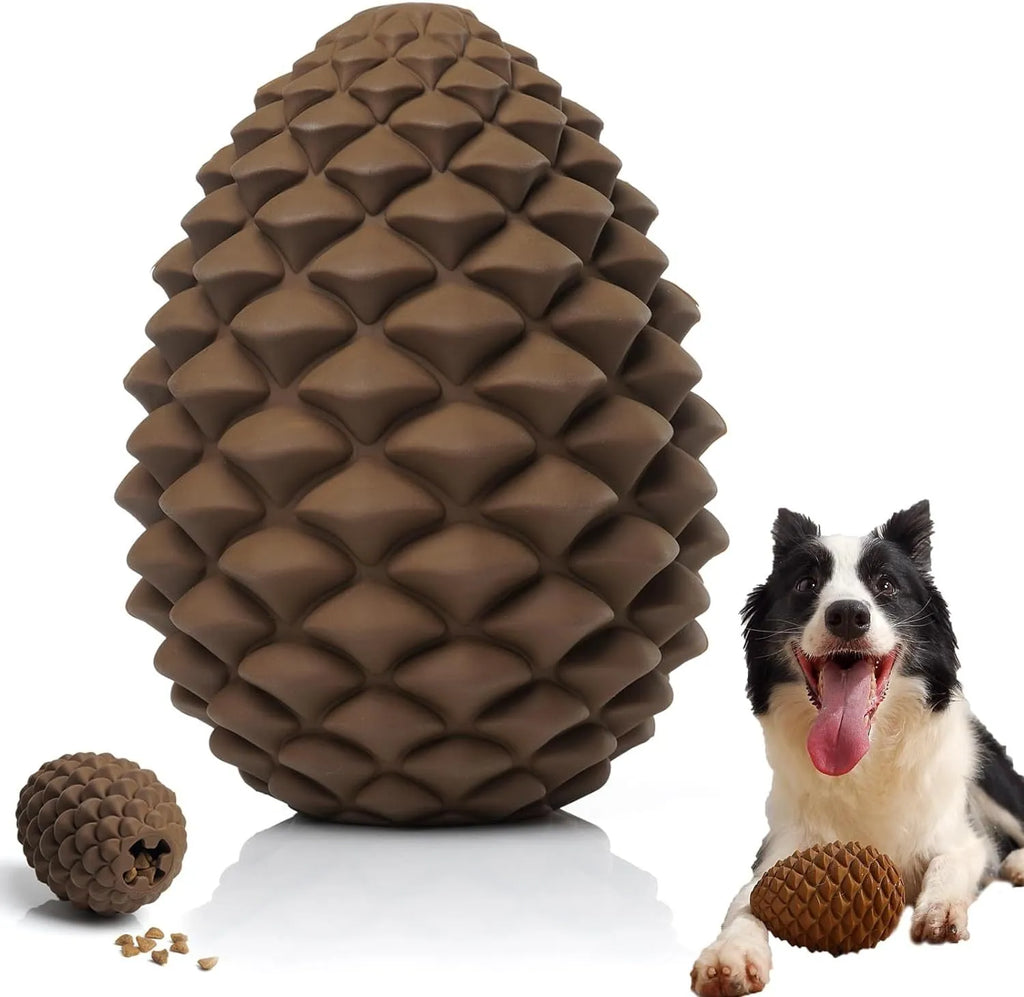 Yellow pine cone-shaped natural rubber dog chew toy with treat dispenser hole