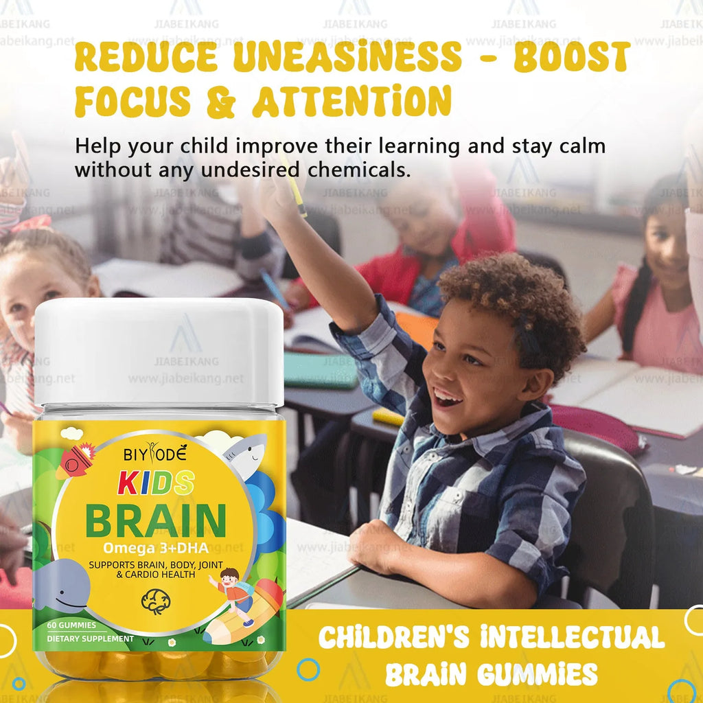 Bottle of kids DHA focus gummies with omega 369 for brain health and immune support, 60 gummies