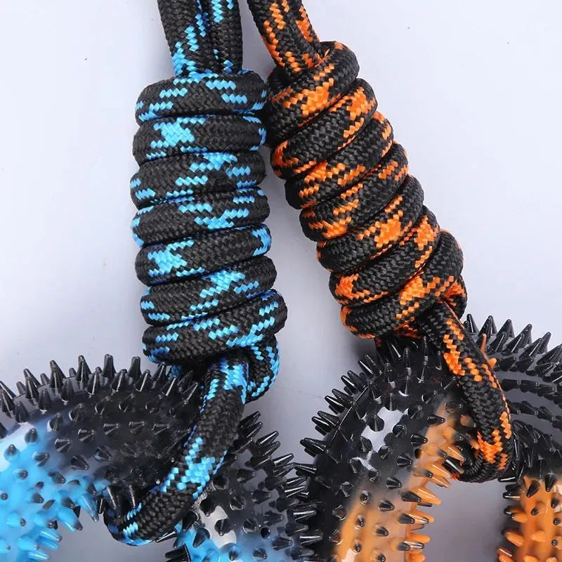 Double colour knot rope dog toy with barbed circle in blue and orange, 48x12.5cm