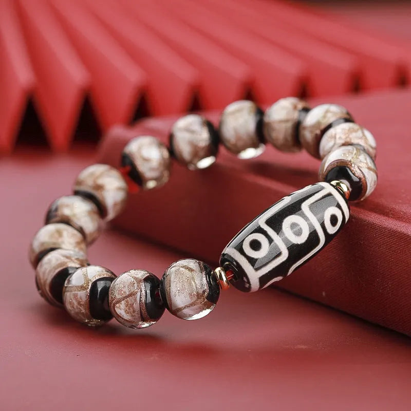 Ancient five-color colored glaze bracelet with snake auspicious patterns in 10mm, 12mm, or 14mm bead sizes