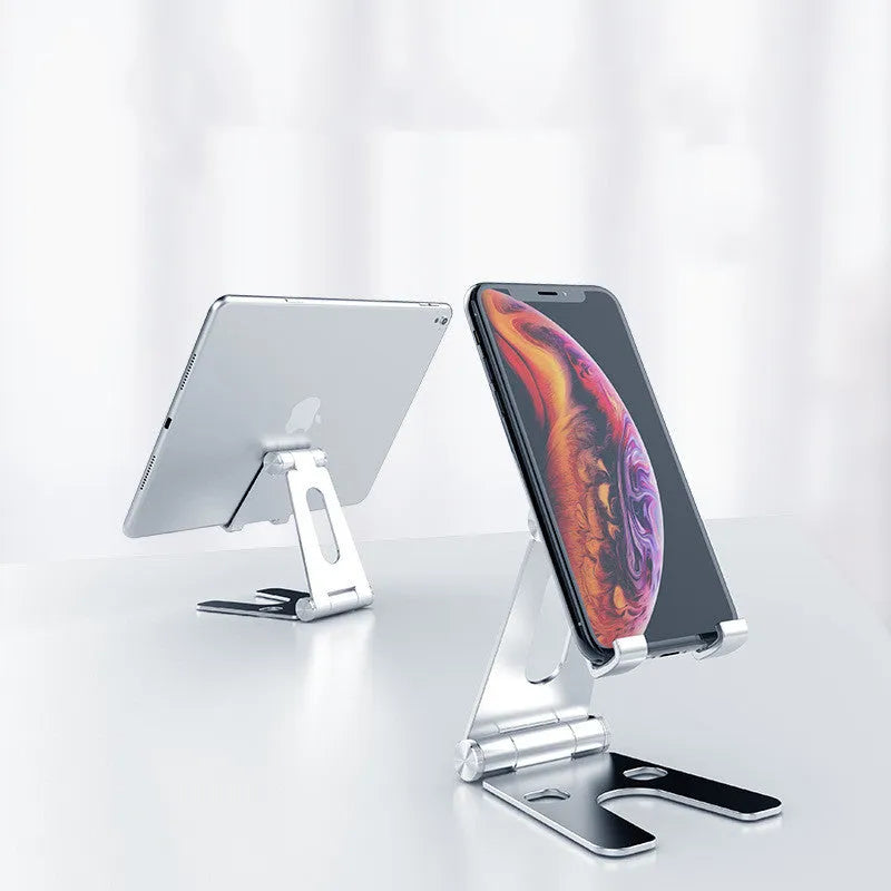Metal folding mobile phone stand in aluminium alloy with silicone pads, 78x75x90mm, rose gold colour