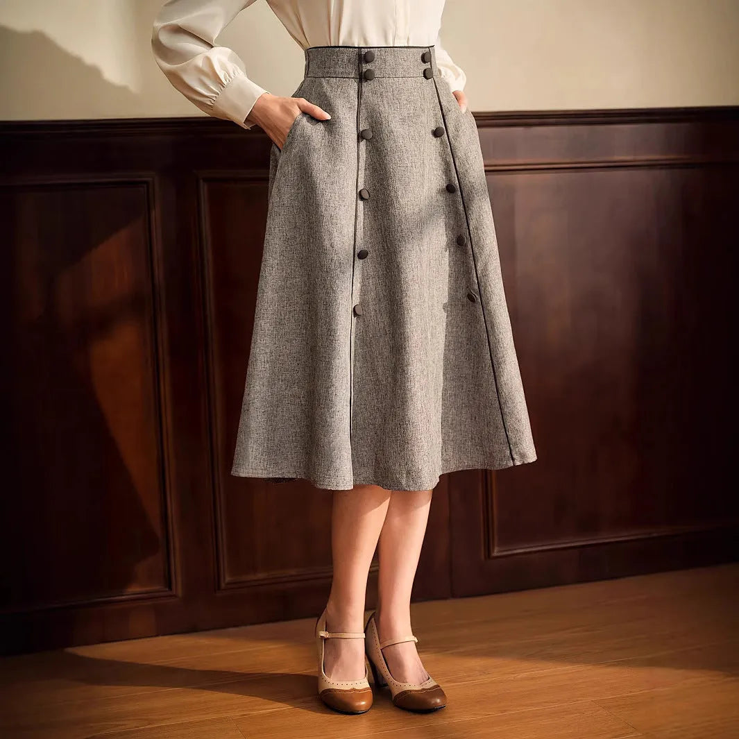 Khaki high-waisted A-line skirt for women with three-dimensional decoration in S to XL