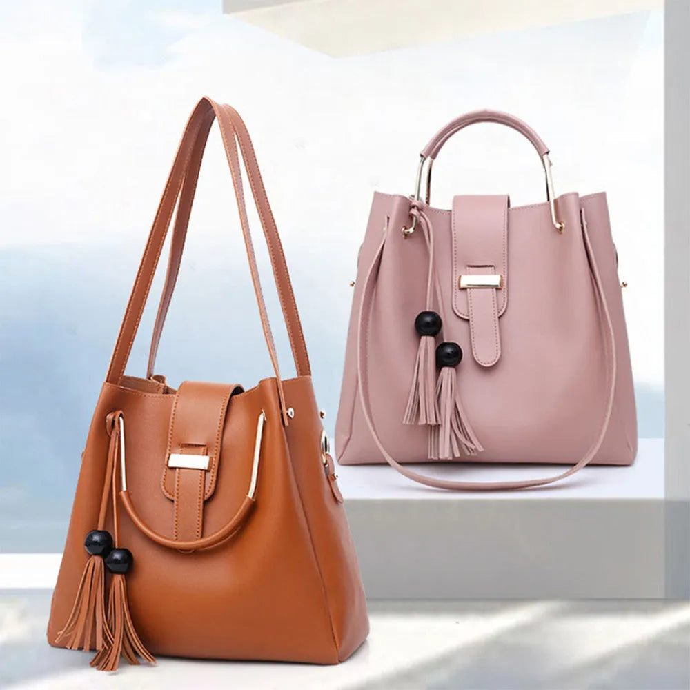 Women's 3-piece PU leather handbag set with shoulder bag, crossbody bag, handbag, tassel and metal handle