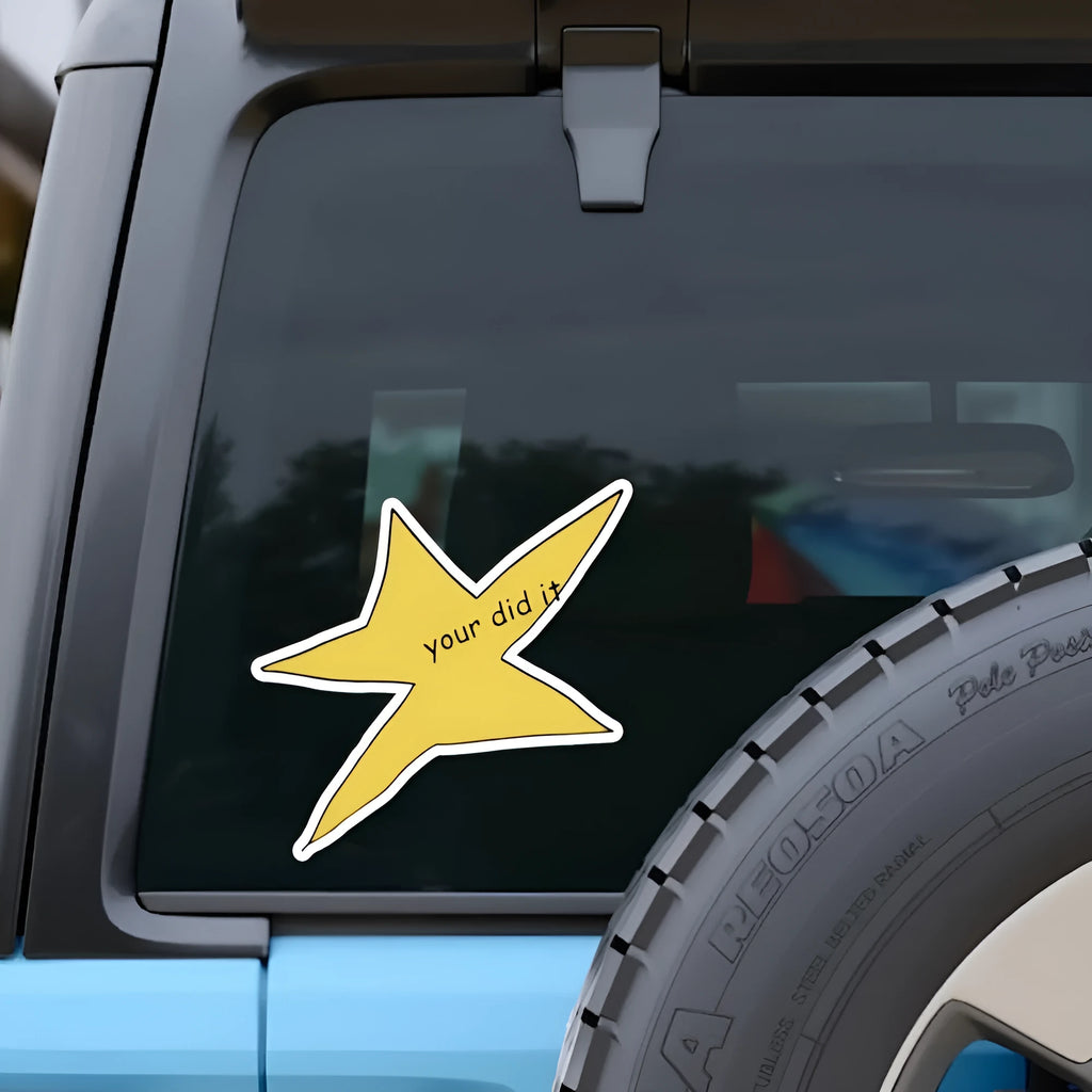A square waterproof vinyl sticker with a funny facial expression, shown in two size options: 3.5 inches and 7 inches.
