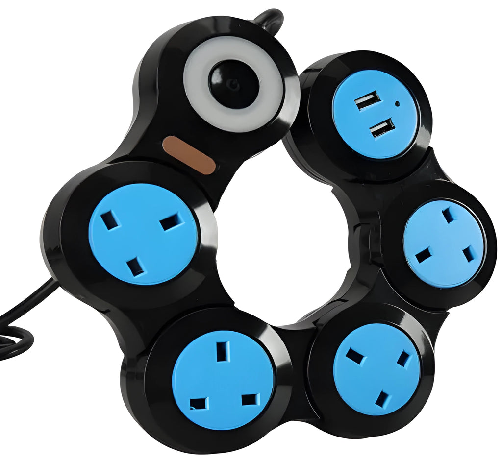 White UK power strip with five sockets, two USB ports, a rotating plug, and a long black cable