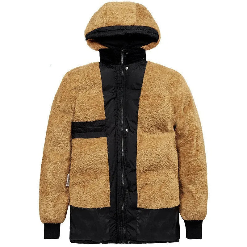 Men's black velvet padded hooded winter jacket with double-breasted placket loose fit