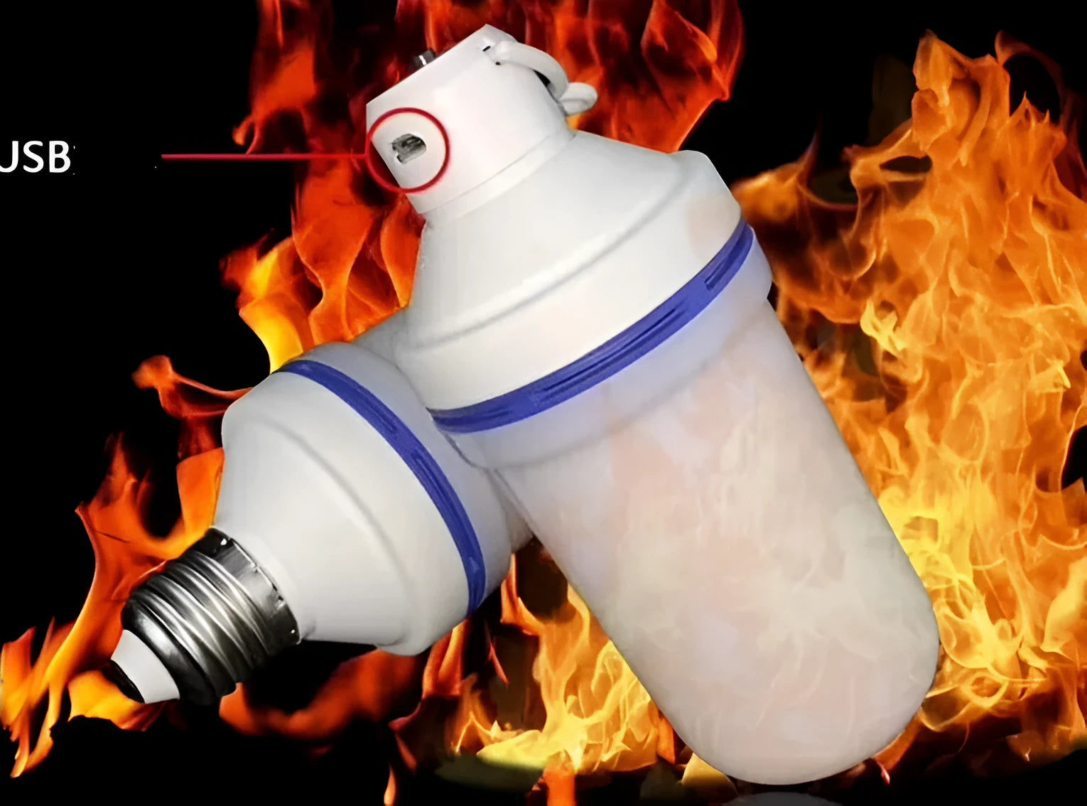 LED flame lamp bulb with dynamic moving fire effect, warm orange glow, E26 base, and USB power