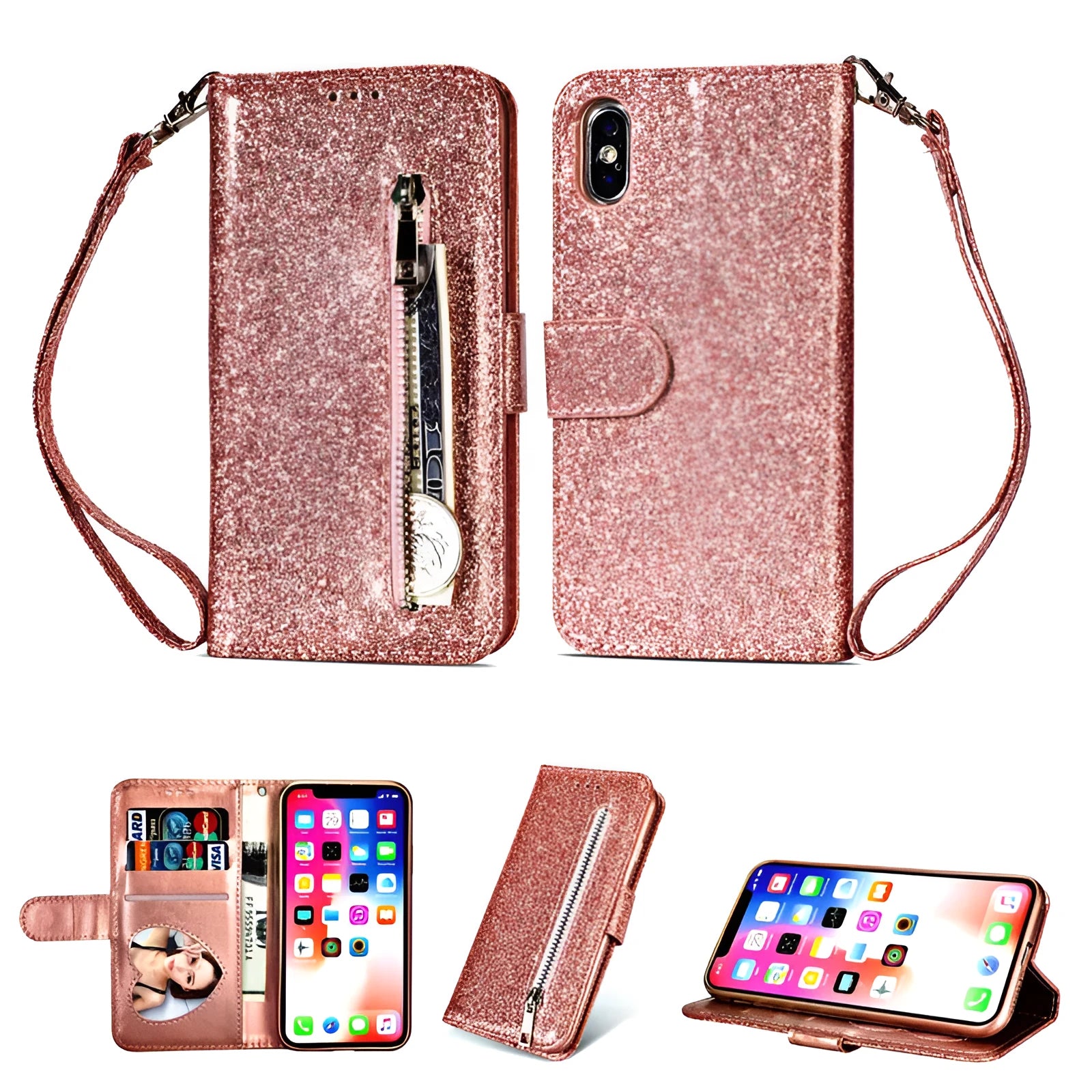 Zipper phone case with detachable wrist strap in multiple colour options for iPhone