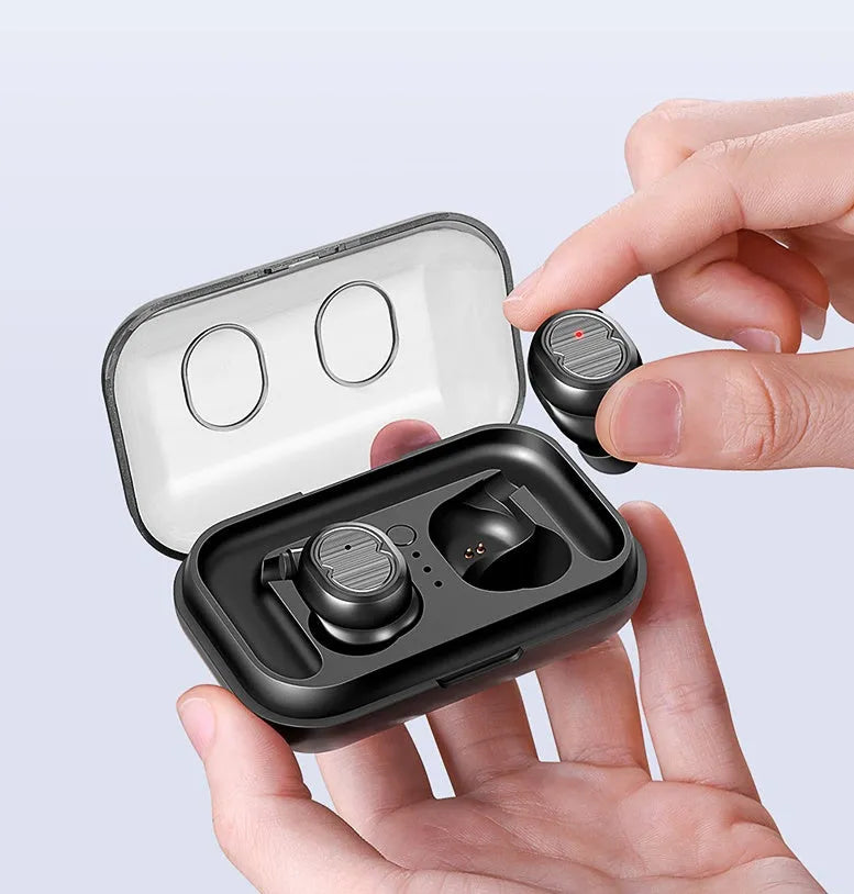 Bluetooth wireless earbuds in black, white, red, and blue colours showing earbud design