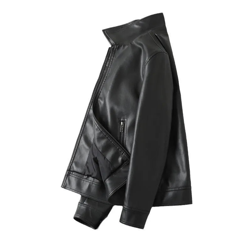 Men's black PU leather jacket with zippered pockets and loose fit design