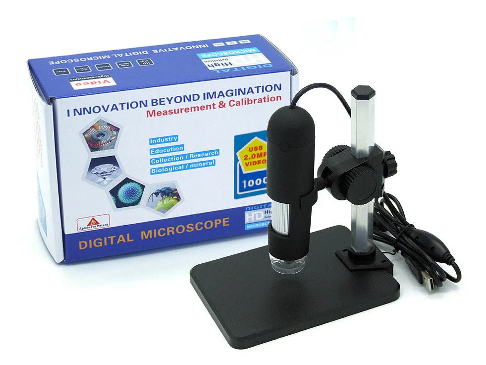 Black USB microscope camera with 1000X magnification, 8 LED lights, and adjustable focus