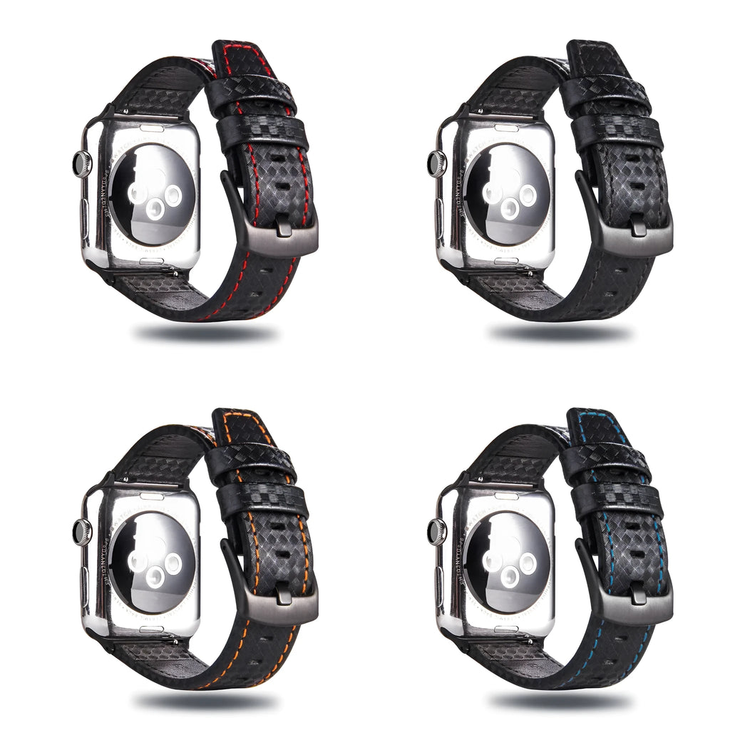 Carbon fibre and leather Apple Watch strap on a PC hard shell case, showing red, black, orange, and blue colour options.