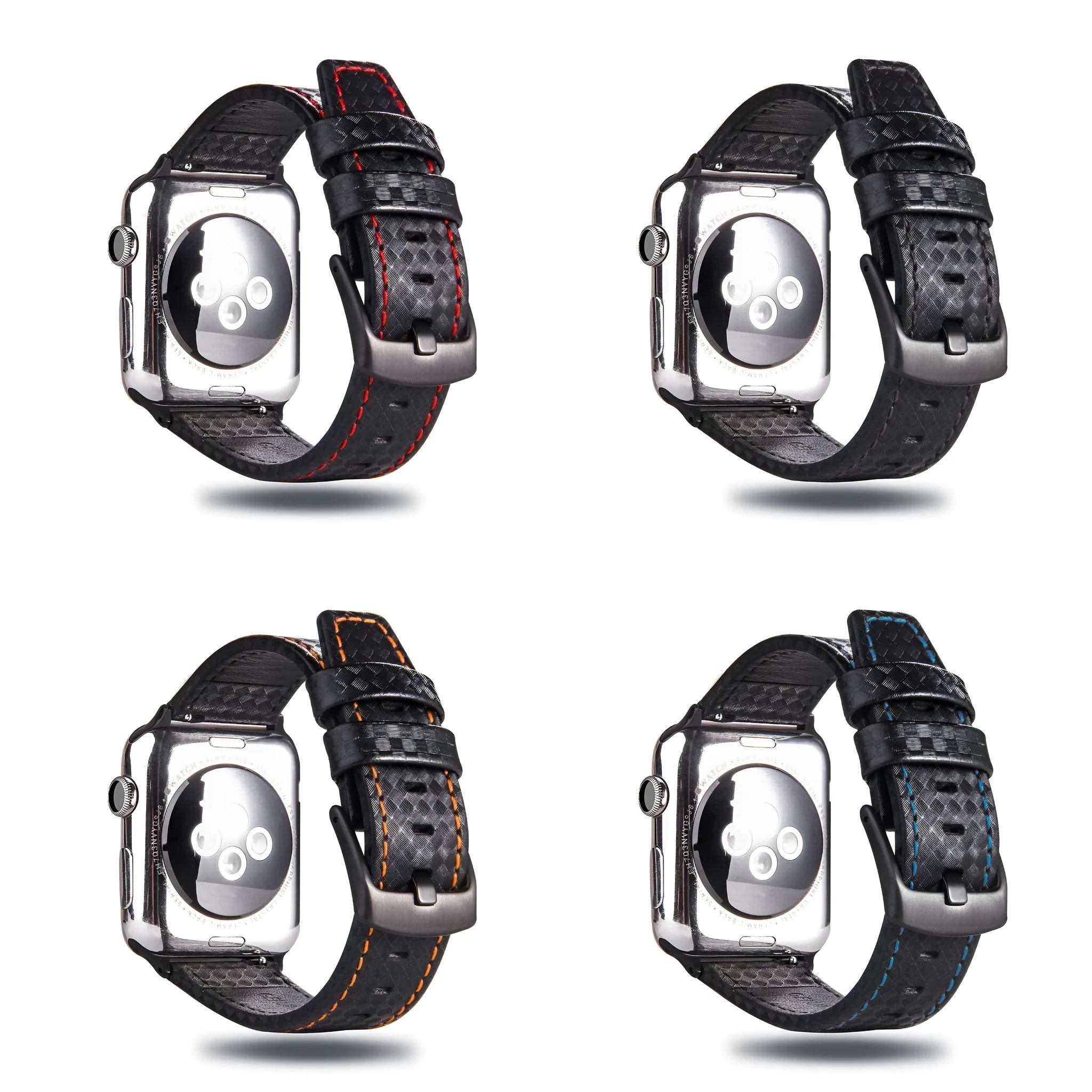 Carbon fibre and leather Apple Watch strap on a PC hard shell case, showing red, black, orange, and blue colour options.