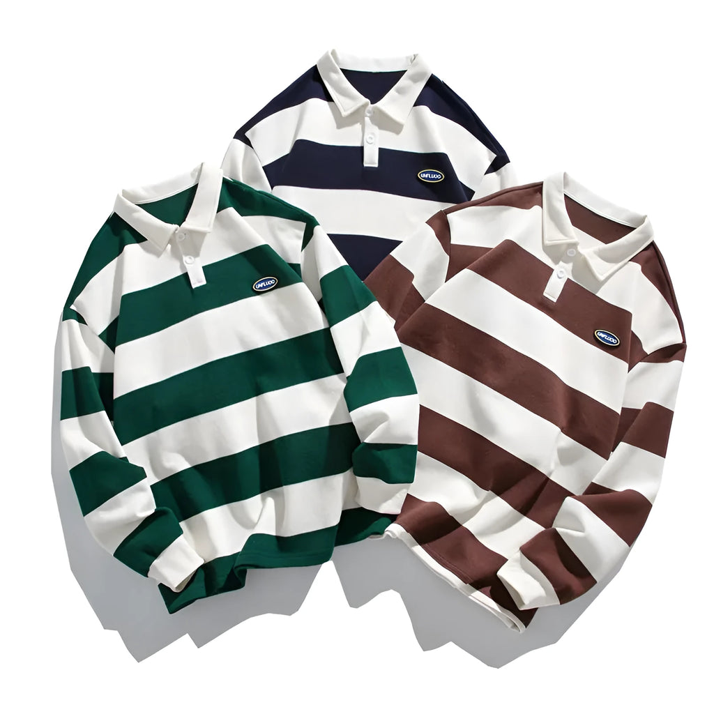 Men's striped pearl cotton polo shirt with lapel collar in Hong Kong style
