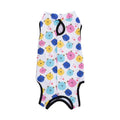 Cat wearing sterilisation recovery suit with Velcro closure in colourful print design