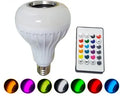 White Bluetooth LED smart bulb with E27 screw base showing colour-changing lighting effects