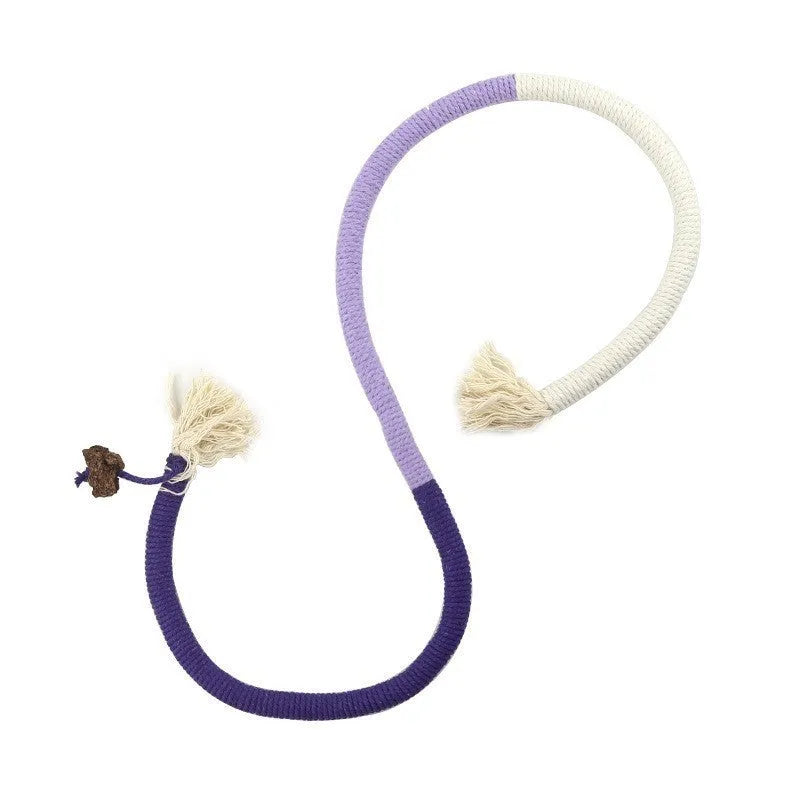70cm cotton cat bite rope in three colour combinations: purple, orange, and red with green