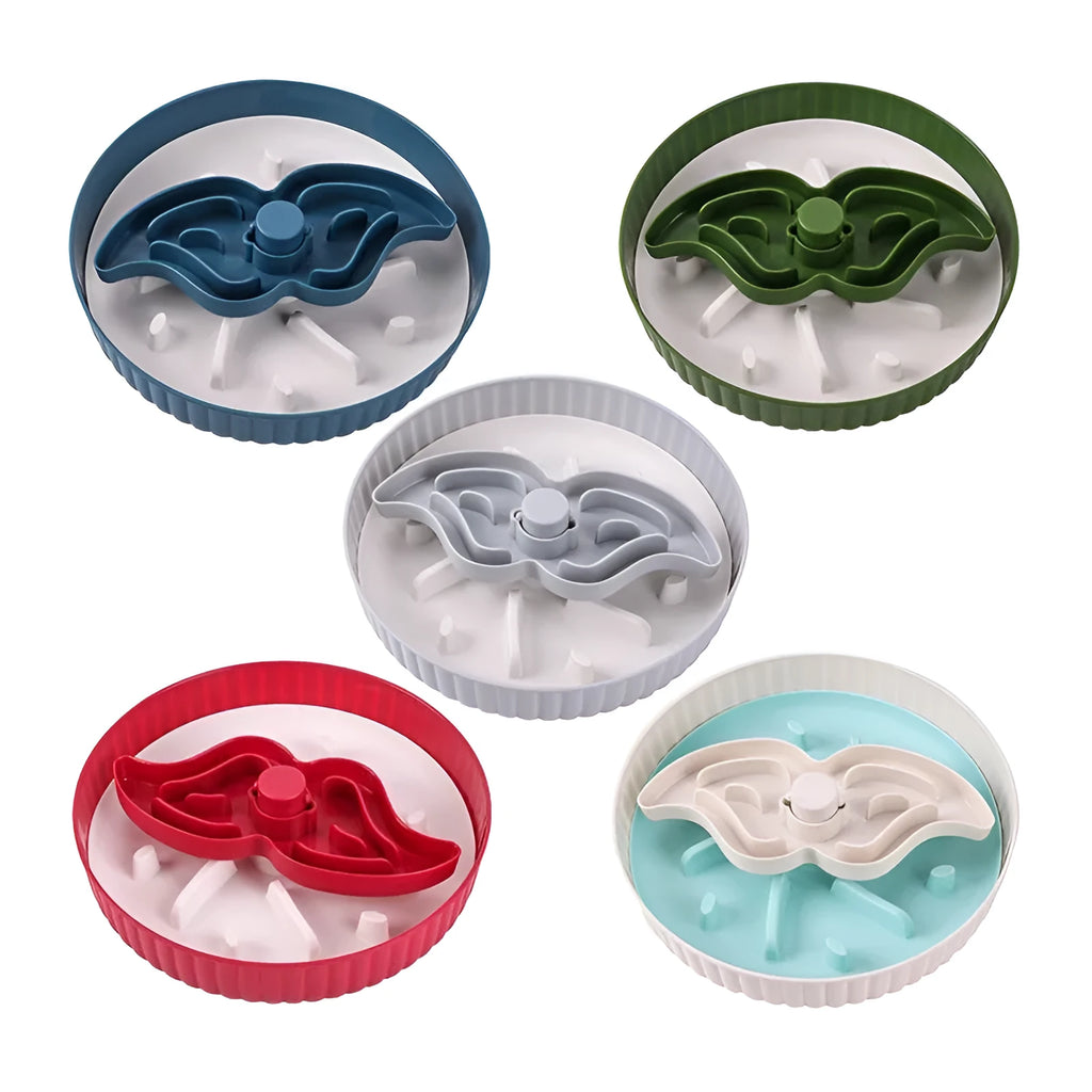 Slow feeder pet bowl with rotating game board, anti-choke silicone pad, and interchangeable licking mat in blue.