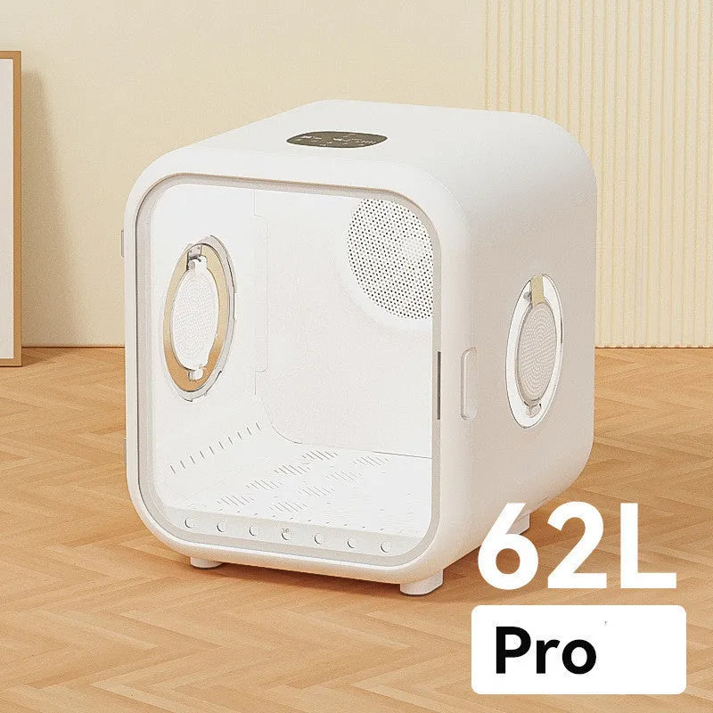 Automatic pet drying box in 50L and 62L with spiral heating wire, low-noise design, cat litter mat and conversion plug.