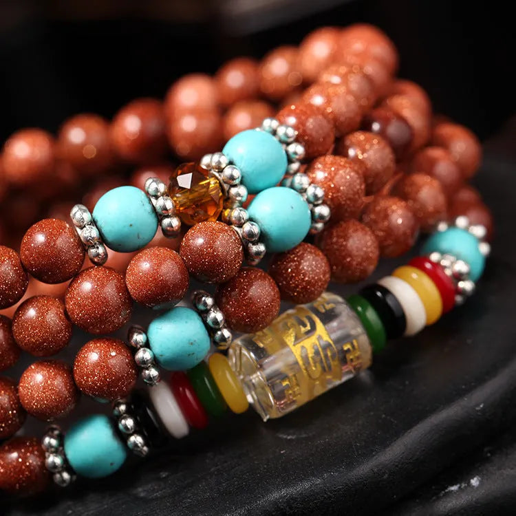 Golden star stone colour bracelet with six-words mantra and multi-circle design featuring fu character symbols