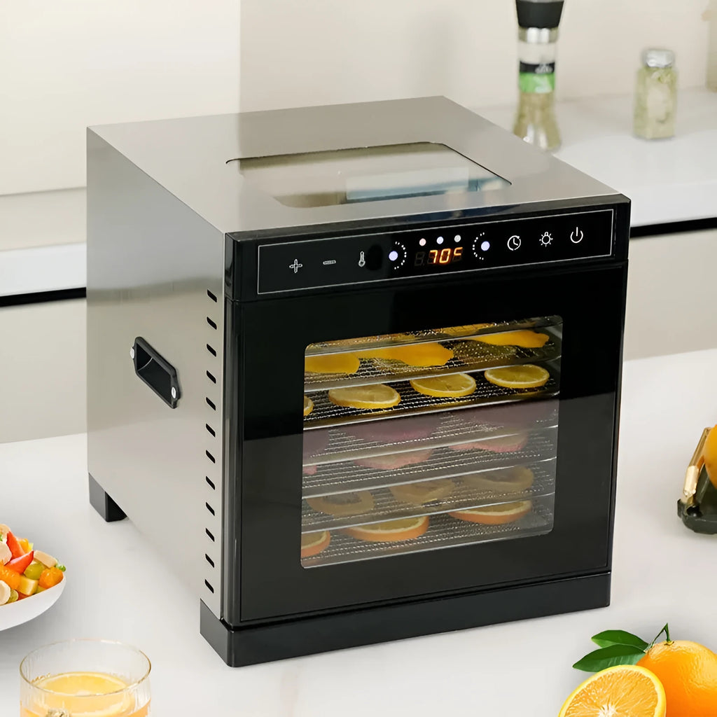 Stainless steel double-layer fruit dehydrator with LED control panel and multiple drying trays.