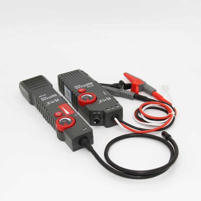 Line finder buried wire cable tester with transmitter and receiver, 50x200mm, on a workbench