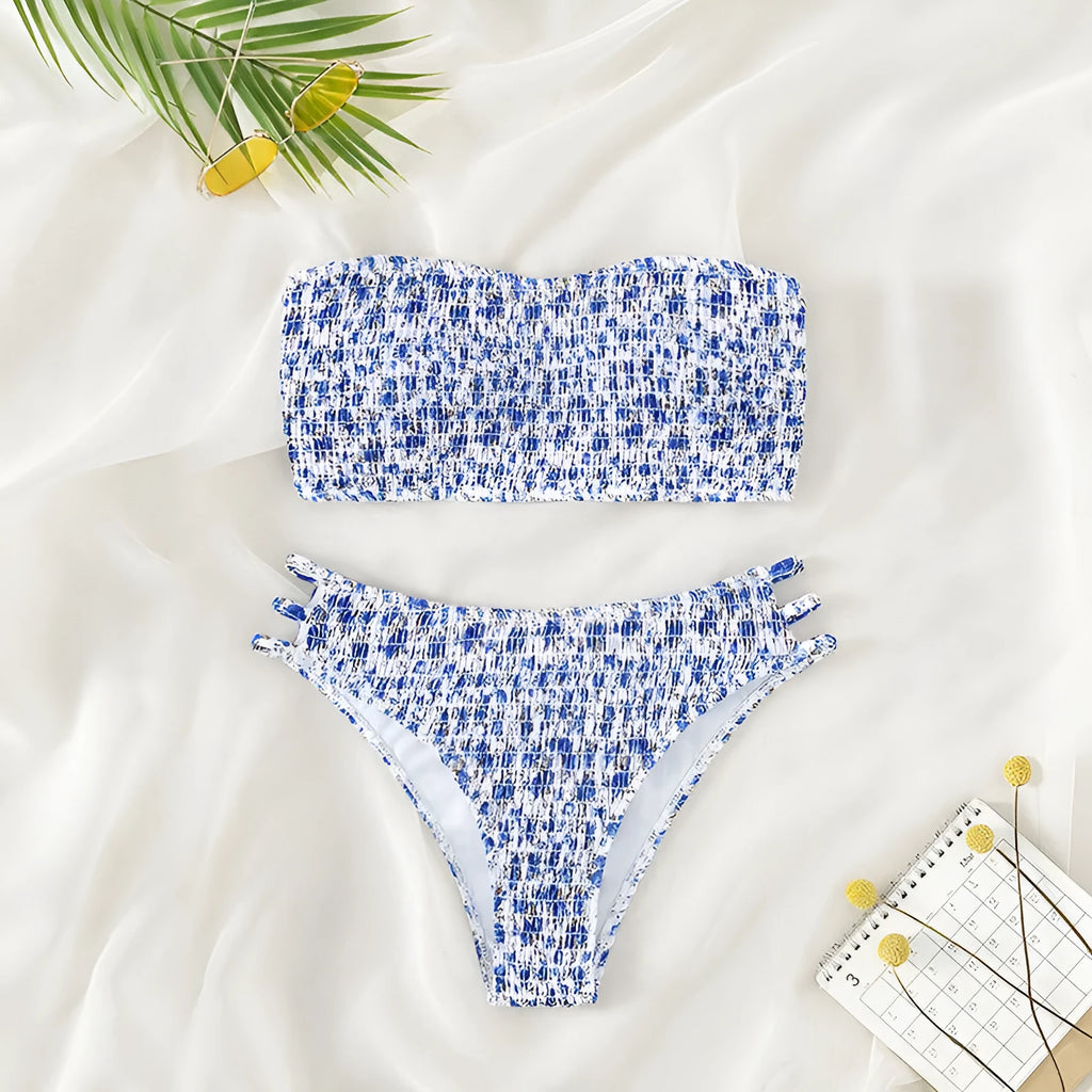 Women's strapless floral swimsuit with split back design and high-waisted briefs in multiple colour options