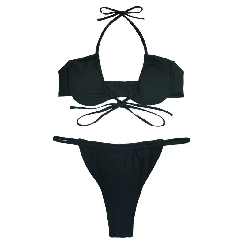 Women's black or mint green split bikini set with bra top and briefs on a neutral background.
