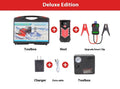 A03 portable 8000mAh car emergency jump starter power pack with smart battery clips and toolbox on white background