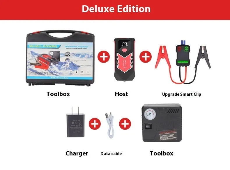 A03 portable 8000mAh car emergency jump starter power pack with smart battery clips and toolbox on white background