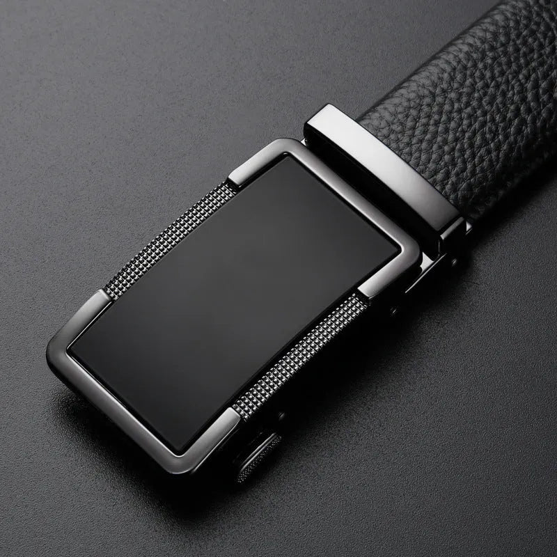 Men's gun black leather belt with a silver automatic alloy buckle, shown alongside silver and gold colour options.