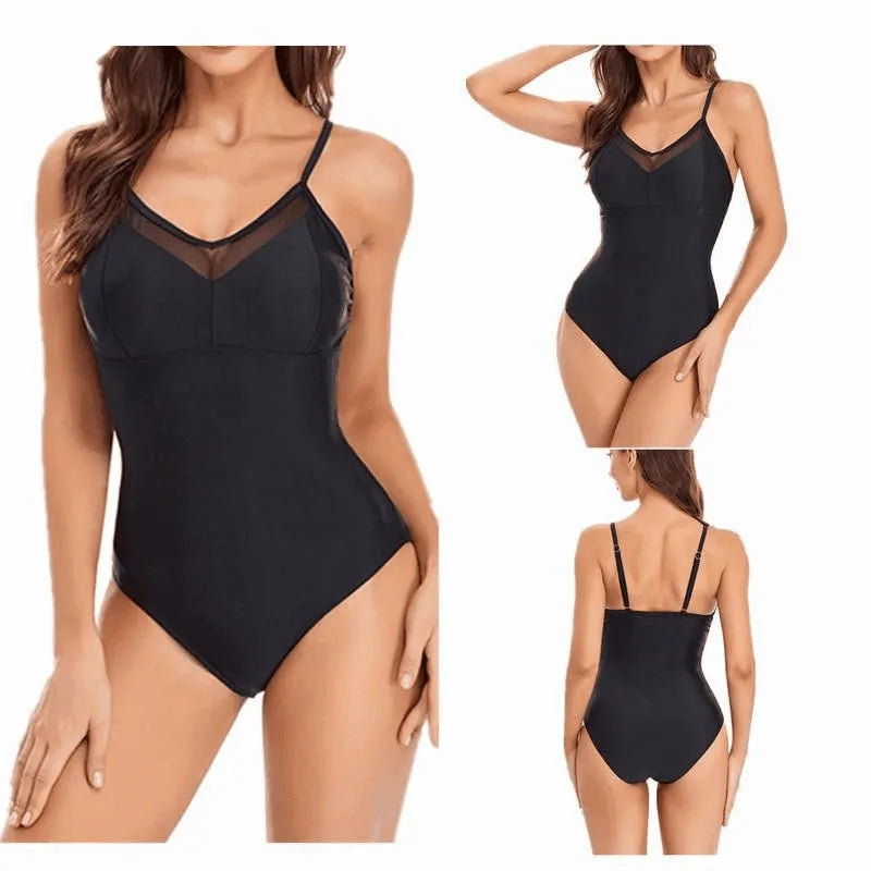 Ladies' solid colour one-piece swimsuit with mesh panel and backless design.