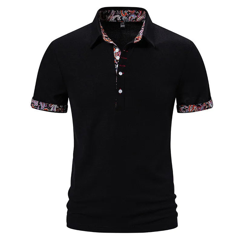 Men's navy blue polo shirt with white contrast stitching on the collar and short sleeves.