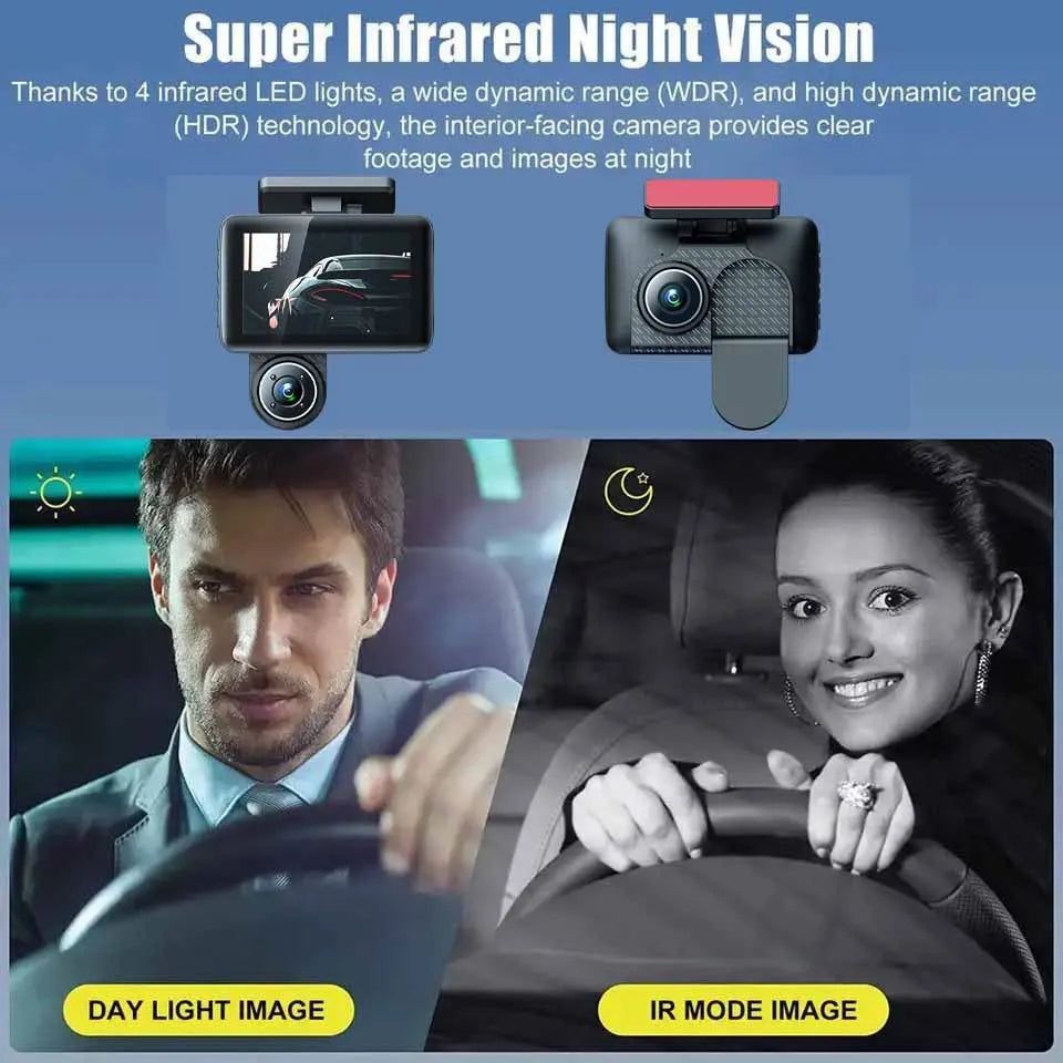 Black 4 inch touch screen car dashcam with wide angle lens mounted on windshield