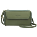 Red ladies long wallet crossbody bag with double zip, shown on a model