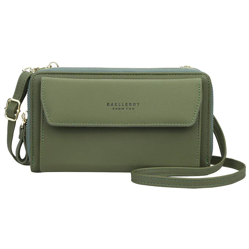 Red ladies long wallet crossbody bag with double zip, shown on a model