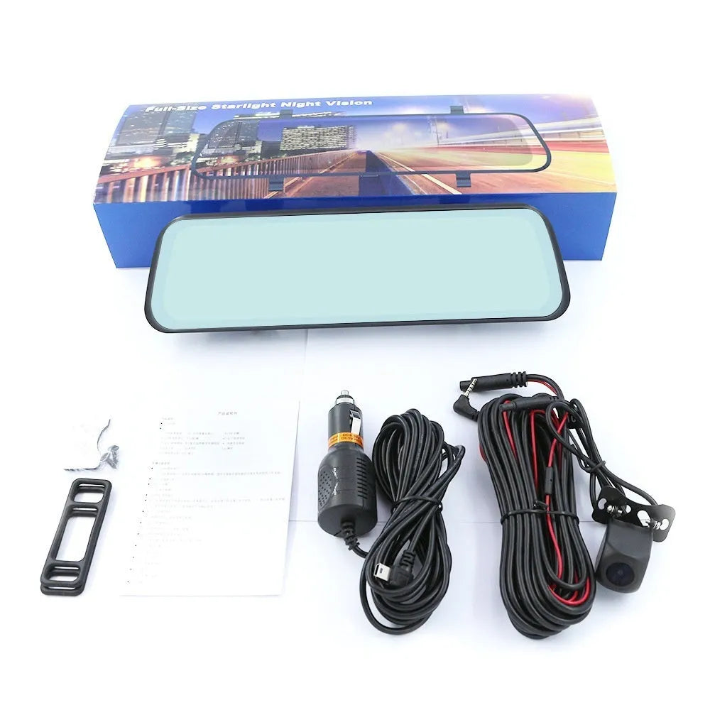 10-inch streaming media rearview mirror tachograph with front and rear dual lenses and touchscreen display