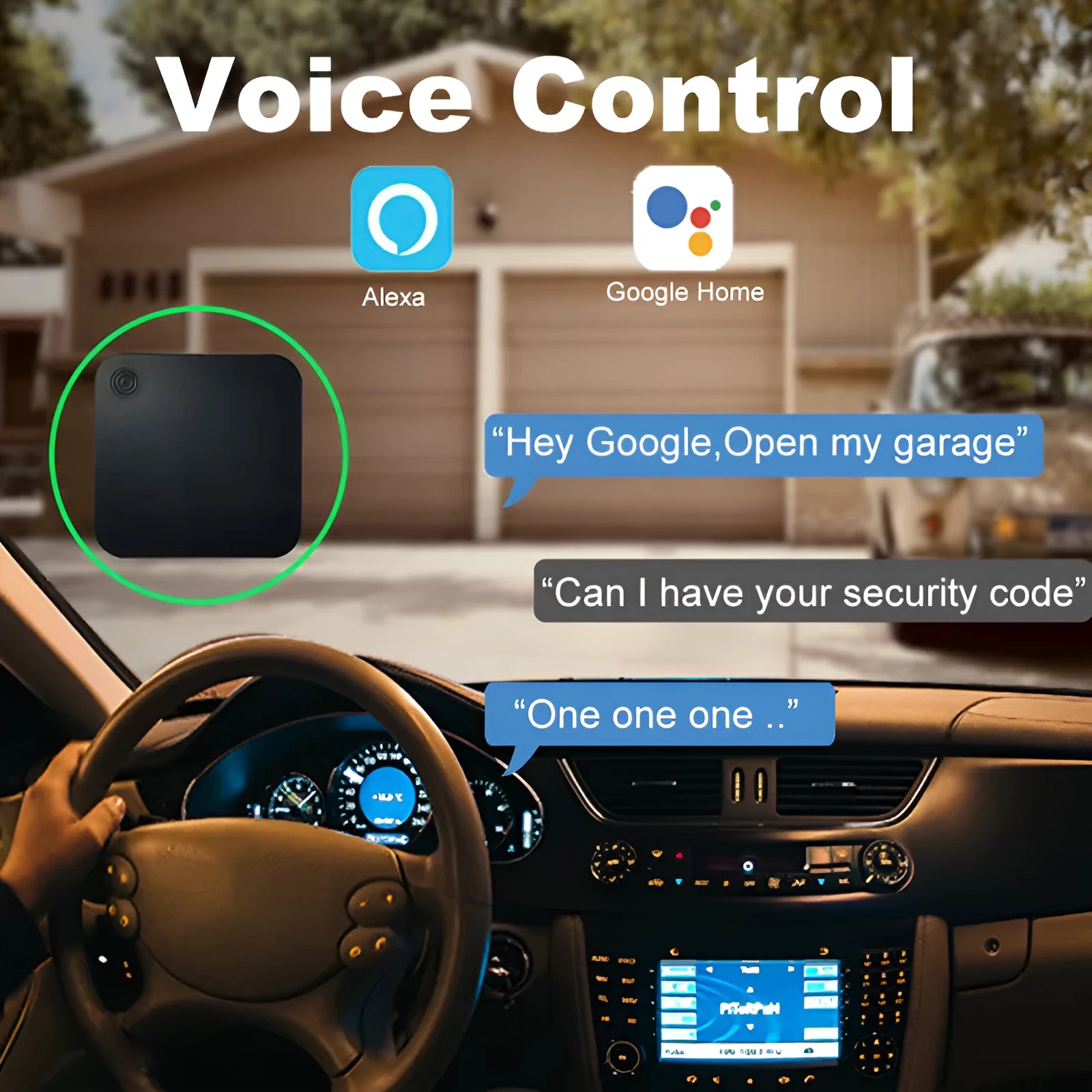 Black plastic WiFi garage door controller with remote smartphone app and voice control.