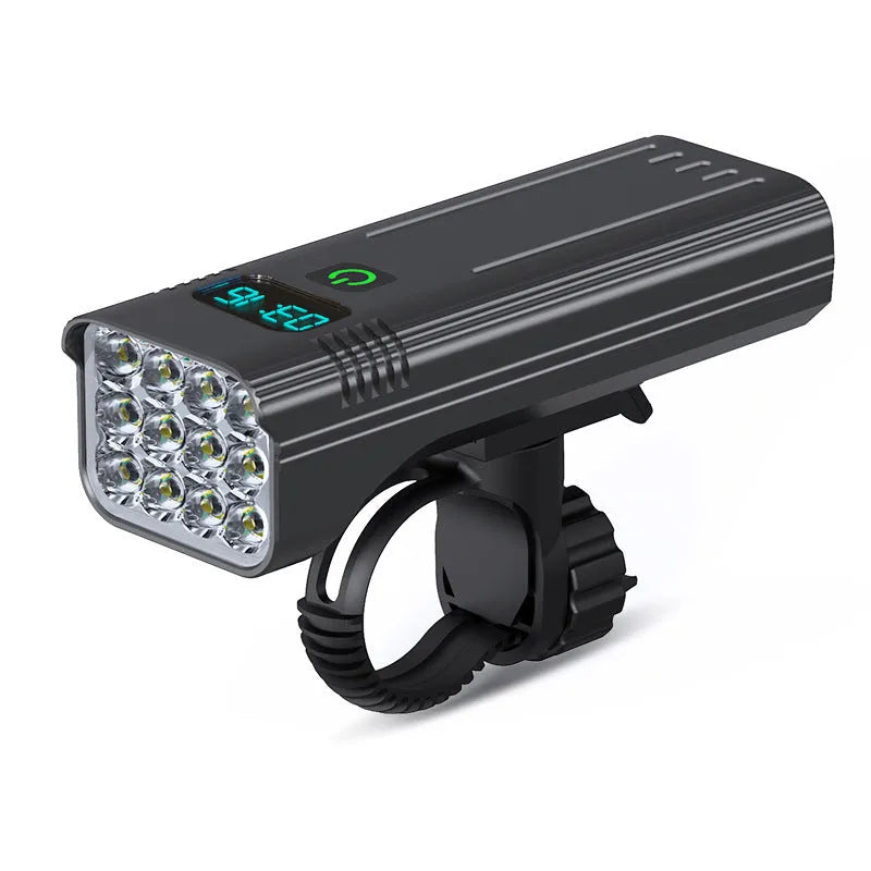 Black KX12DF digital display bicycle headlight on a 360-degree rotating mount with USB cable.