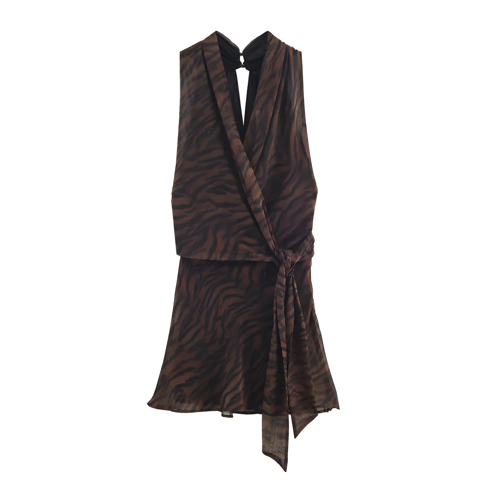 Animal print double breasted mini dress with pleated asymmetric skirt and long sleeves in mercerised cotton