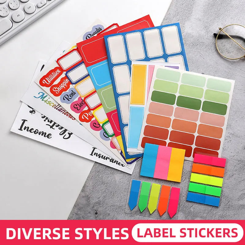 Paper adhesive sticker set showing multiple grid designs, sticky notes, and A6 rulers in various colours