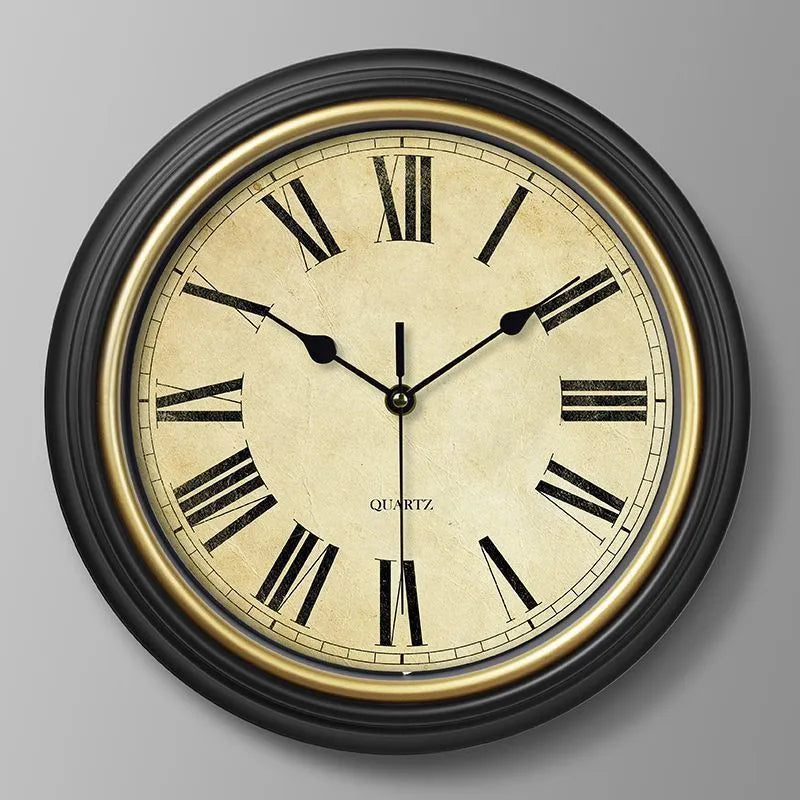 American retro noiseless wall clock 12 inch diameter 29cm glass shell punch-free golden circle Arabic numerals