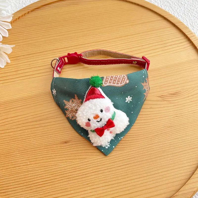 Red Christmas pet handkerchief scarf with Santa Claus and Christmas tree appliques, adjustable collar fit 9.06-15.75 inches.