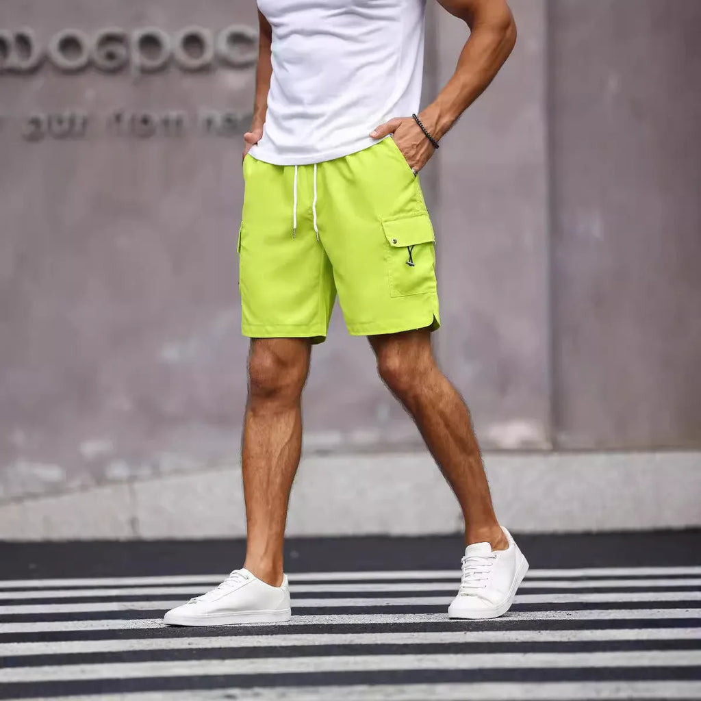 Men's loose straight cut workwear shorts in fluorescent green and army green colours