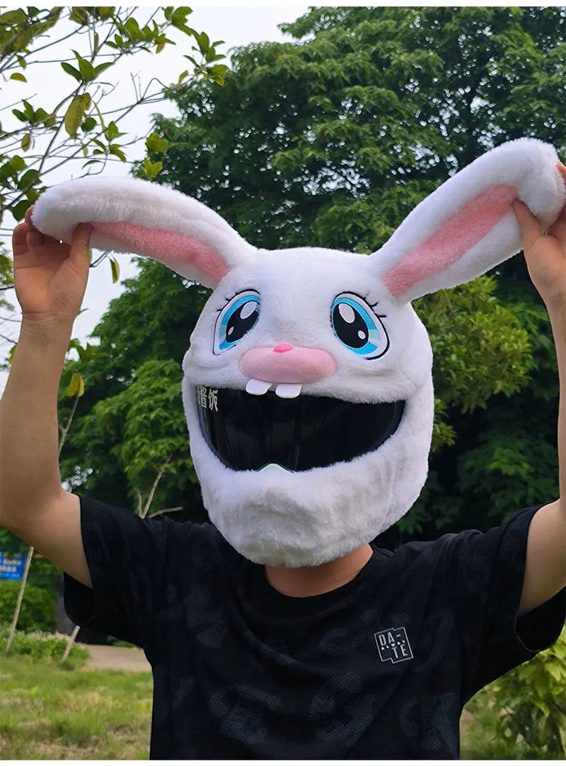 White plush rabbit head cover with long ears designed for an electric motorcycle helmet.