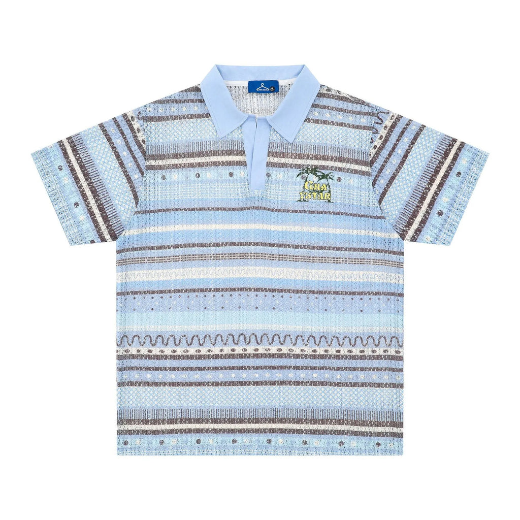 Blue men's printed short sleeve shirt with loose fit and elastic polyester fabric