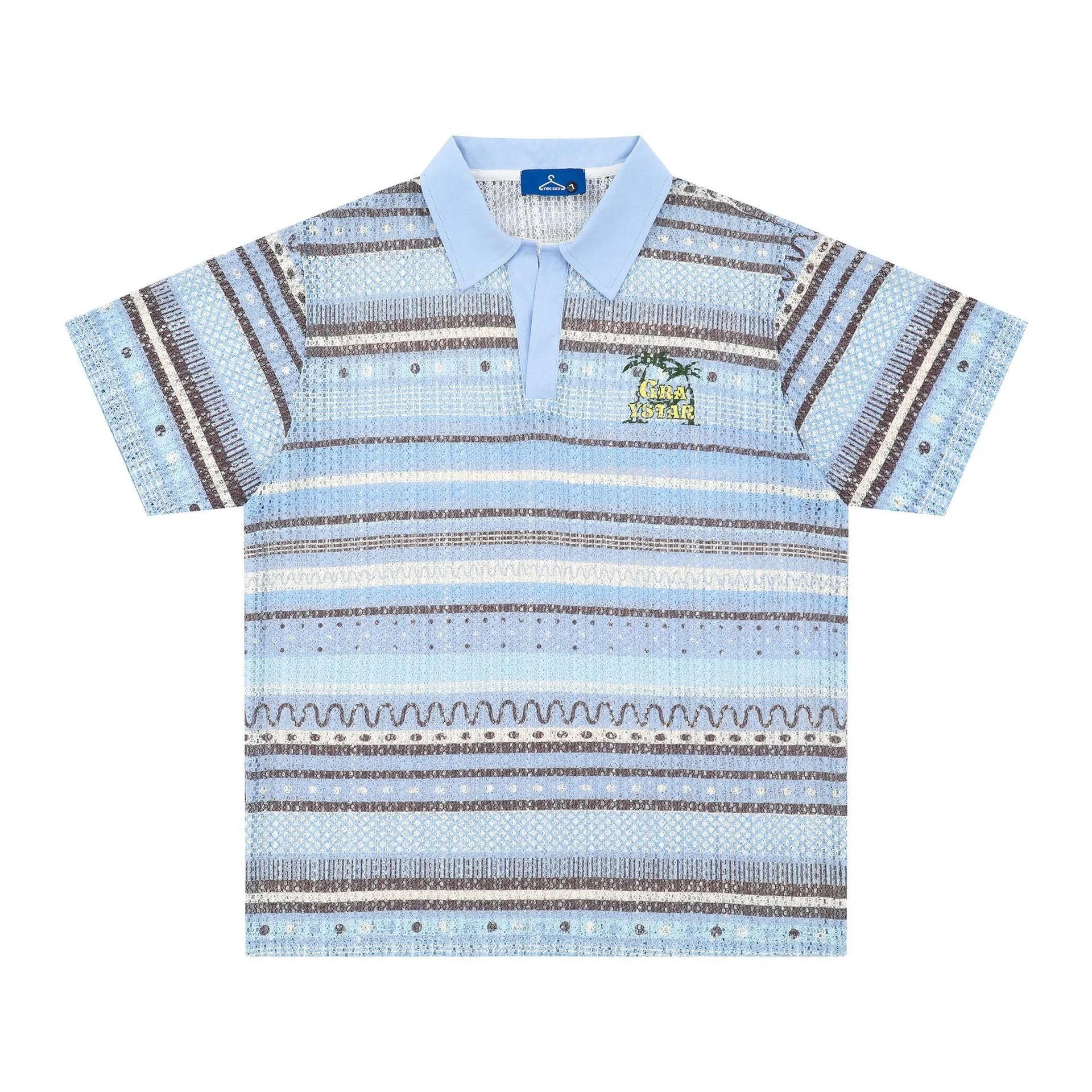 Blue men's printed short sleeve shirt with loose fit and elastic polyester fabric