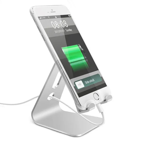 Aluminium alloy universal phone and tablet holder in black, red, rose gold, or silver.