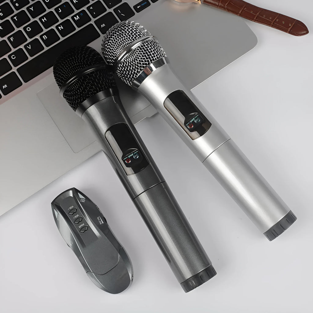 Ane For Two K18U wireless microphone system with two handheld dynamic microphones in silver black and silver white, receiver, and cables