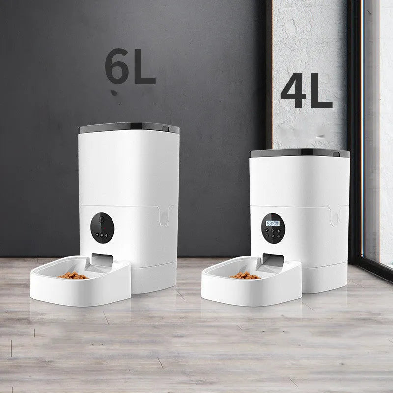 White 6L automatic pet feeder in food grade ABS for cats and dogs, 23x23x40 cm, dual power.